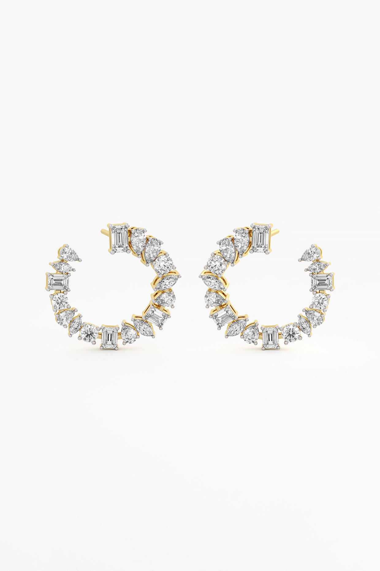 14kt Yellow Gold Finish Lab Grown Round & Emerald-Cut Diamond C-Shaped Earrings