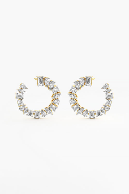 14kt Yellow Gold Finish Lab Grown Round & Emerald-Cut Diamond C-Shaped Earrings