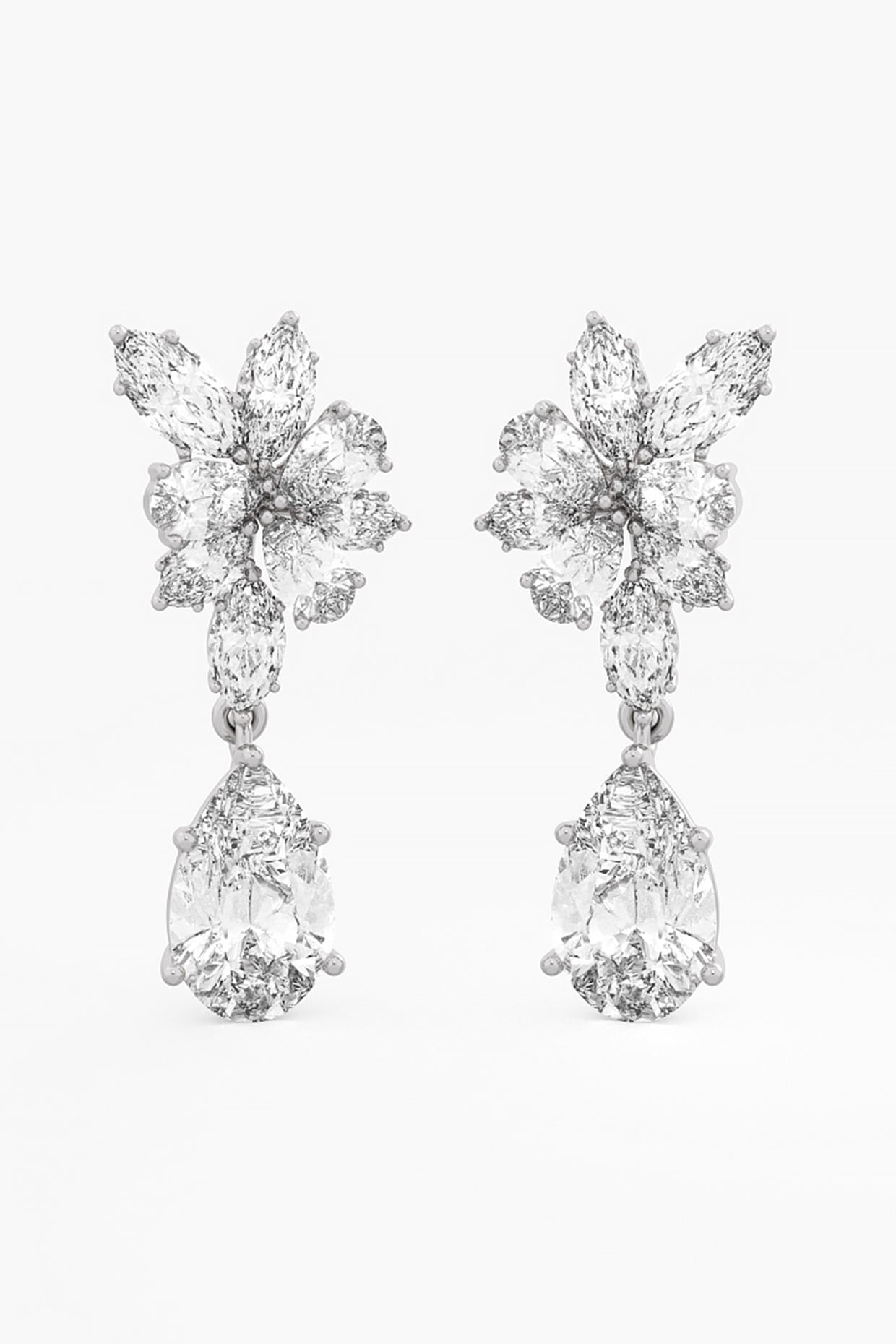 14kt White Gold Finish Lab Grown Pear & Marquise-Cut Diamond Cluster Earrings