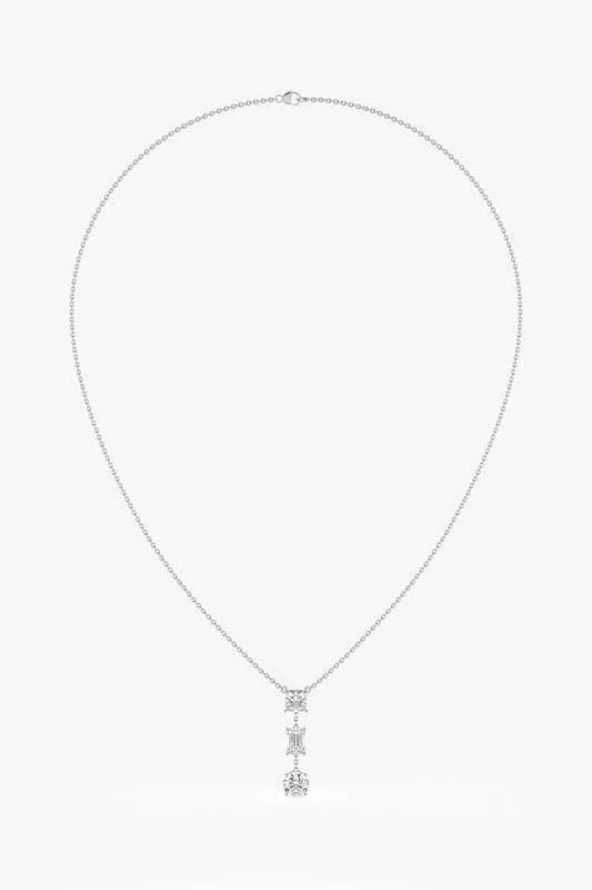 14kt White Gold Finish Lab Grown Princess & Emerald-Cut Diamond Drop Necklace