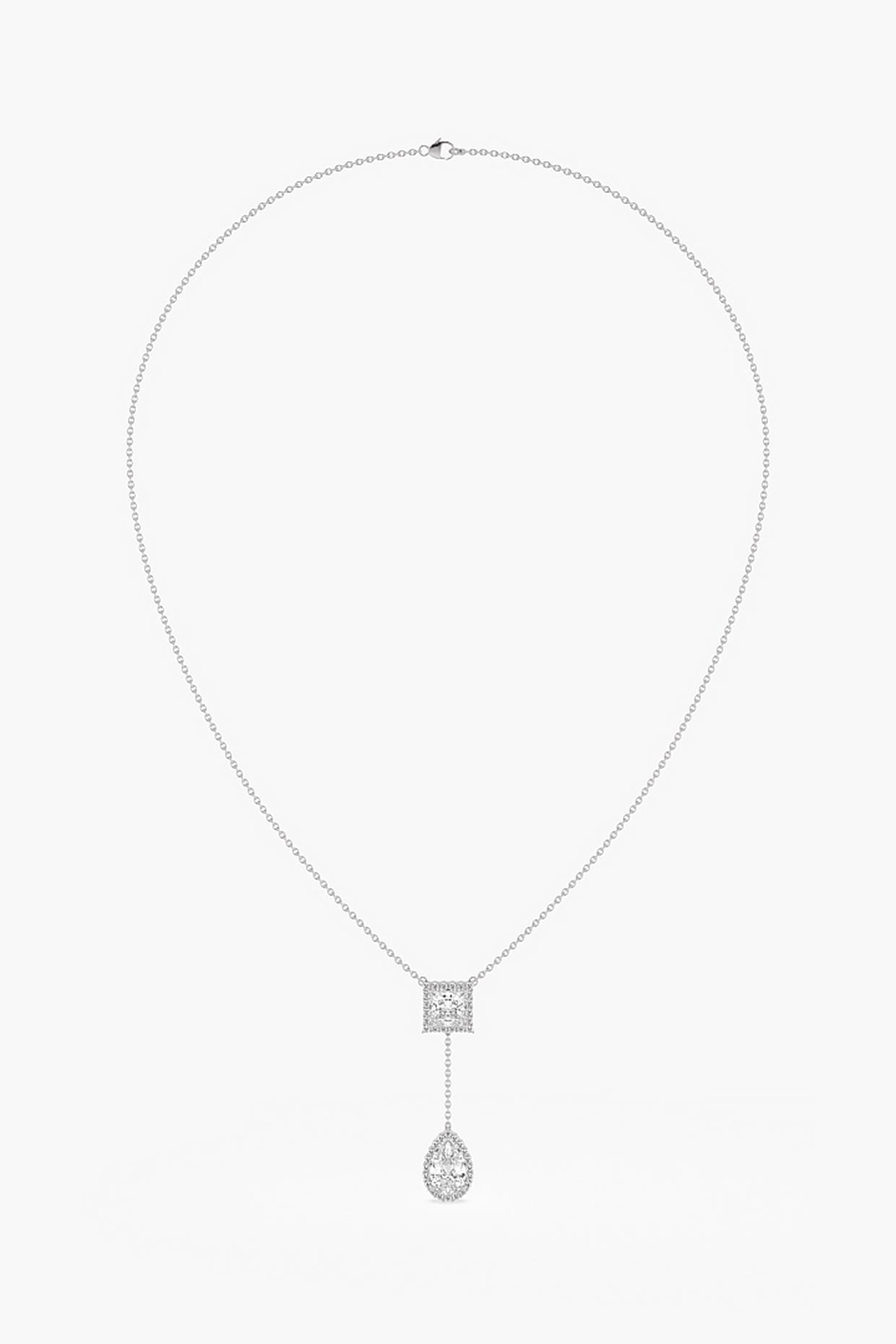14kt White Gold Finish Lab Grown Princess & Pear-Cut Diamond Halo Drop Necklace