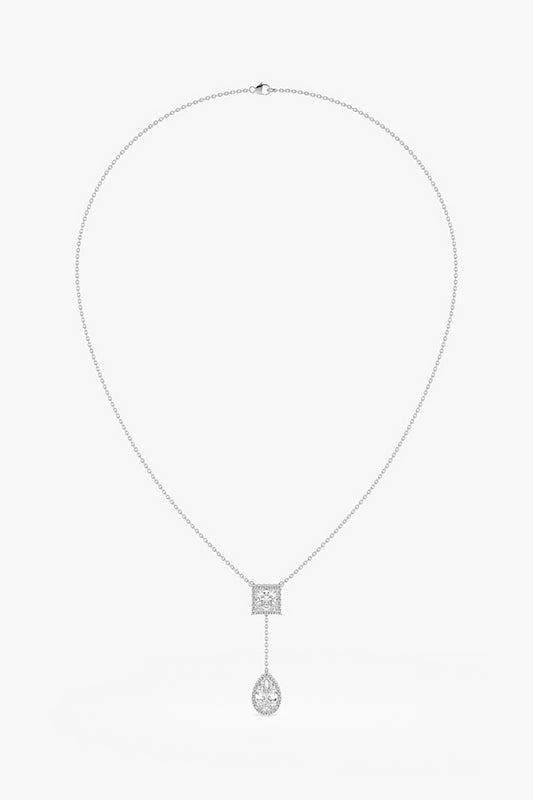 14kt White Gold Finish Lab Grown Princess & Pear-Cut Diamond Halo Drop Necklace