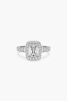 14kt White Gold Finish Lab Grown Emerald-Cut & Ashth-Cut Diamond Halo Ring