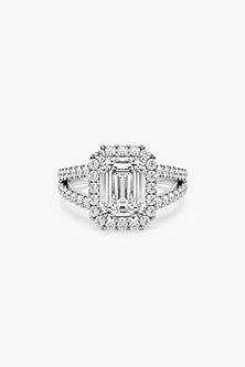 14kt White Gold Finish Lab Grown Emerald-Cut & Ashth-Cut Diamond Halo Ring