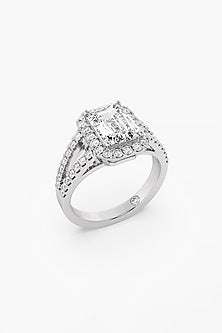 14kt White Gold Finish Lab Grown Emerald-Cut & Ashth-Cut Diamond Halo Ring