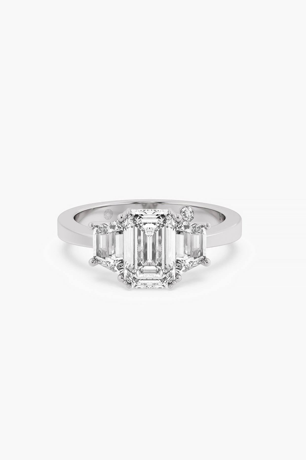 14kt White Gold Finish Lab Grown Emerald & Trapezium-Cut Diamond Ring