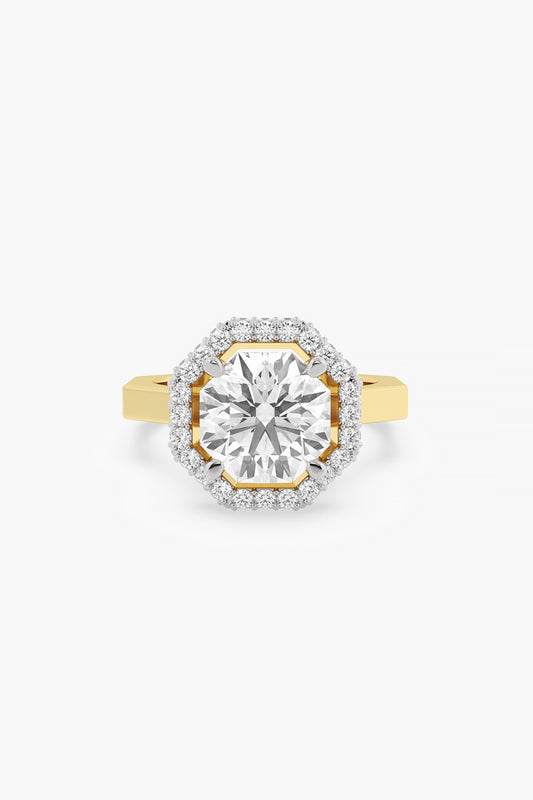 14kt Yellow Gold Finish Lab Grown Round & Ashth-Cut Diamond Halo Ring