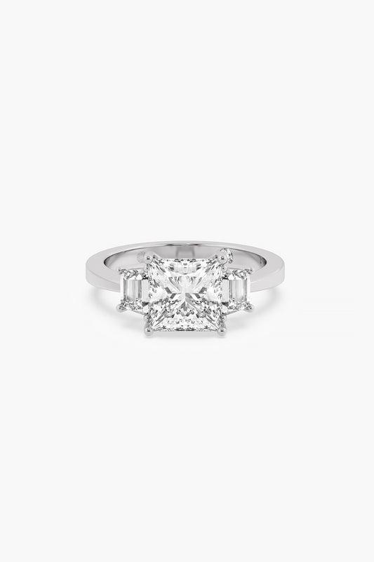 14kt White Gold Finish Lab Grown Trapezium & Ashth-Cut Diamond Ring