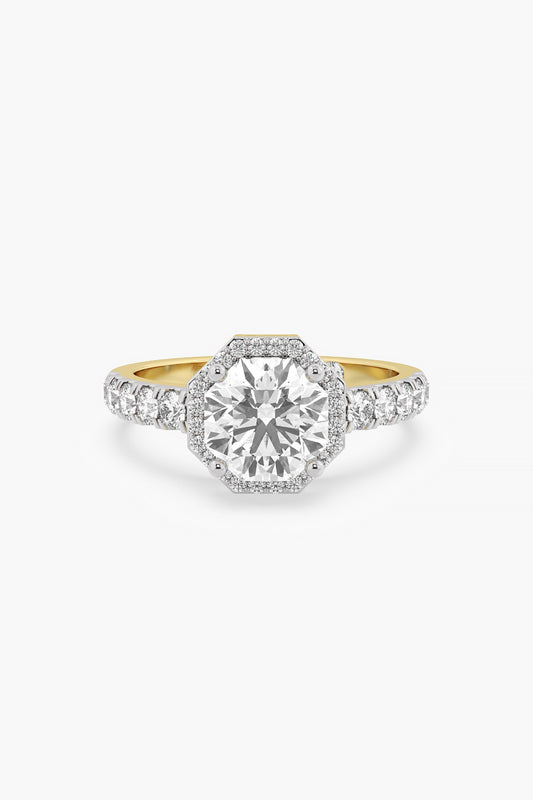14kt Yellow Gold Finish Lab Grown Round & Ashth-Cut Diamond Halo Ring