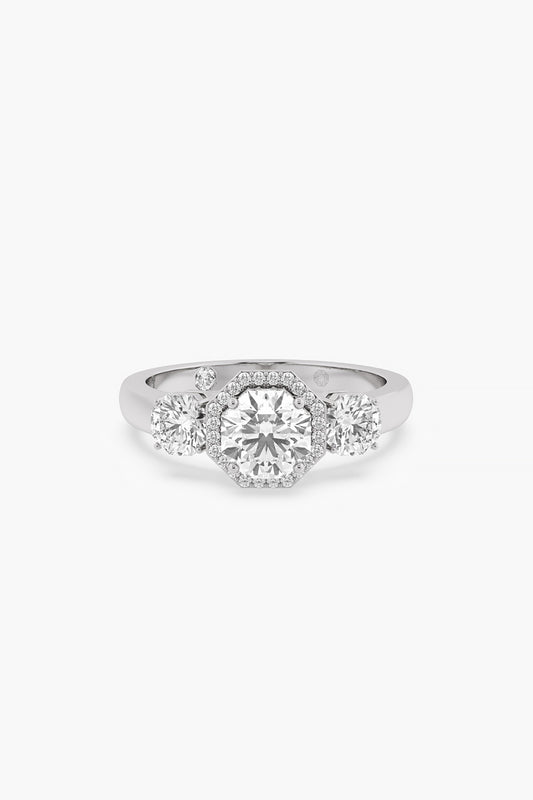 14kt White Gold Finish Lab Grown Round & Ashth-Cut Diamond Halo Ring