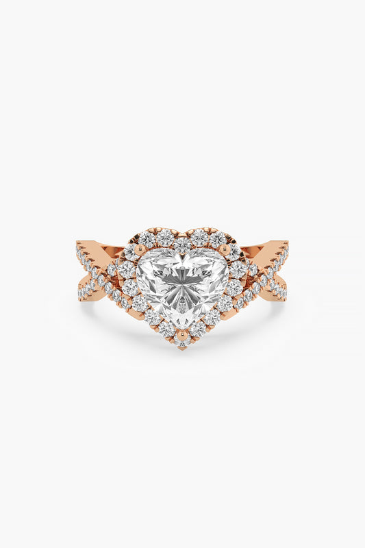 14kt Rose Gold Finish Lab Grown Heart & Round-Cut Diamond Halo Ring