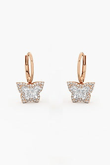 14kt Rose Gold Finish Lab Grown Butterfly-Cut Diamond Halo Drop Earrings