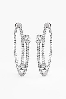 14kt White Gold Finish Round & Oval-Cut Diamond Hoop Earrings