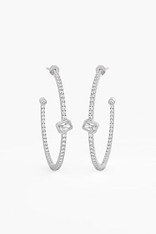 14kt White Gold Finish Round & Emerald-Cut Diamond Open Hoop Earrings