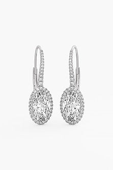 14kt White Gold Finish Lab Grown Oval-Cut Diamond Halo Drop Earrings