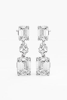 14kt White Gold Finish Lab Grown Emerald & Kite-Cut Diamond Long Earrings