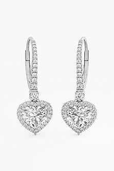 14kt White Gold Finish Lab Grown Heart & Round-Cut Diamond Drop Earrings