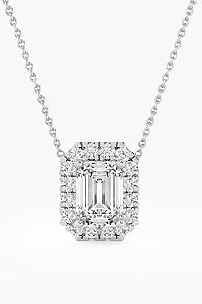 14kt White Gold Finish Lab Grown Emerald-Cut Diamond Halo Pendant