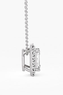 14kt White Gold Finish Lab Grown Emerald-Cut Diamond Halo Pendant