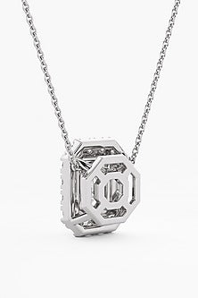 14kt White Gold Finish Lab Grown Emerald-Cut Diamond Halo Pendant