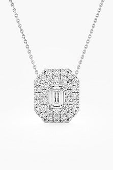 14kt White Gold Finish Lab Grown Emerald-Cut Diamond Halo Pendant
