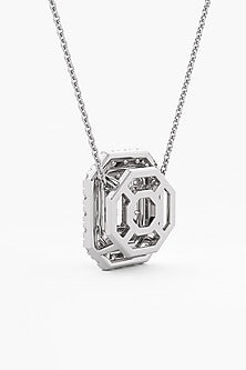 14kt White Gold Finish Lab Grown Emerald-Cut Diamond Halo Pendant