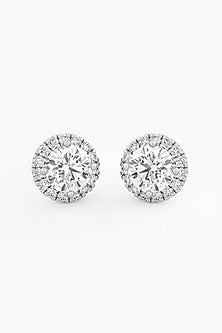 14kt White Gold Finish Lab Grown Round-Cut Diamond Halo Stud Earrings