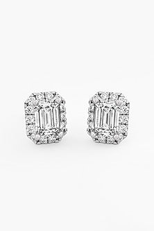 14kt White Gold Finish Lab Grown Emerald-Cut Diamond Halo Stud Earrings