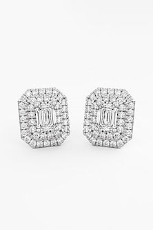 14kt White Gold Finish Lab Grown Emerald-Cut Diamond Halo Stud Earrings