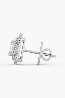 14kt White Gold Finish Lab Grown Emerald-Cut Diamond Halo Stud Earrings
