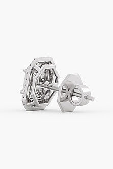 14kt White Gold Finish Lab Grown Emerald-Cut Diamond Halo Stud Earrings