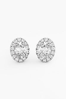 14kt White Gold Finish Lab Grown Oval-Cut Diamond Halo Stud Earrings