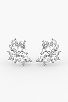14kt White Gold Finish Lab Grown Marquise & Emerald-Cut Diamond Cluster Earrings