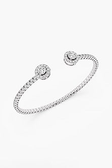 14kt White Gold Finish Lab Grown Round & Ashth-Cut Diamond Halo Bangle