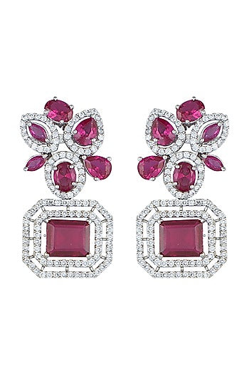 White Rhodium Plated Faux Diamond & Ruby Earrings