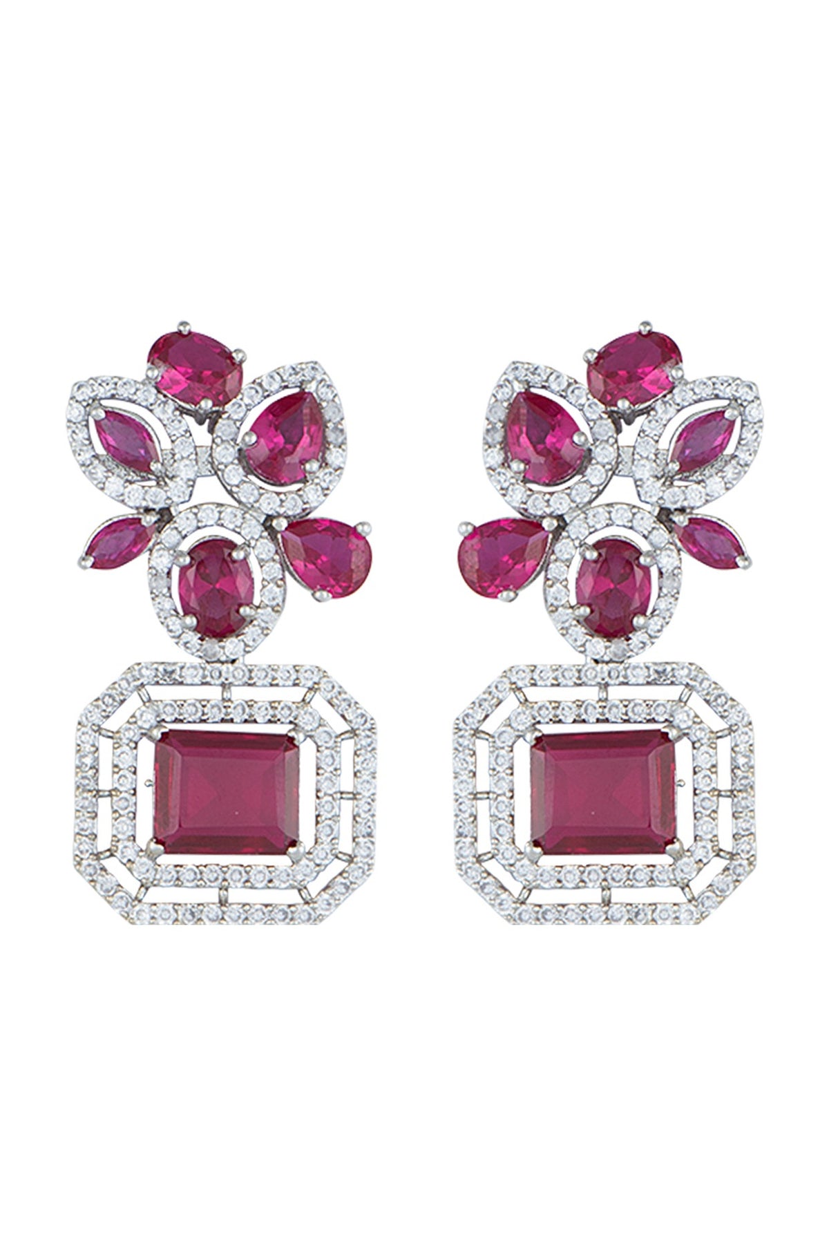 White Rhodium Plated Faux Diamond & Ruby Earrings