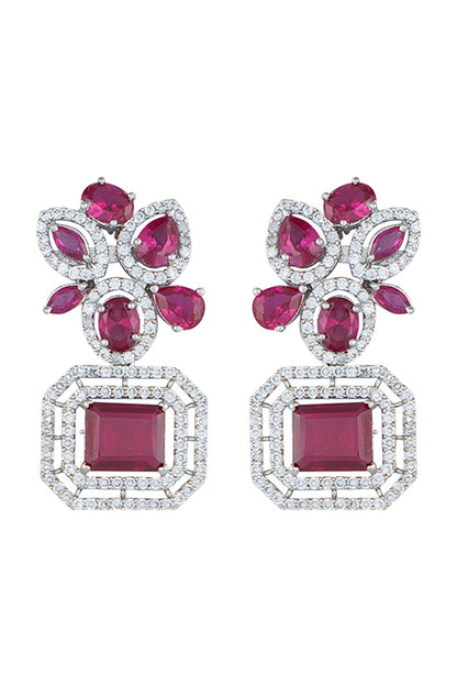 White Rhodium Plated Faux Diamond & Ruby Earrings