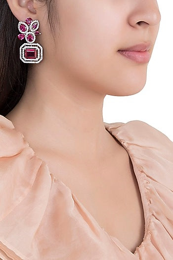 White Rhodium Plated Faux Diamond & Ruby Earrings