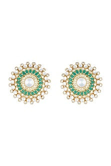 Yellow Rhodium Plated Faux Polki & Emerald Stud Earrings