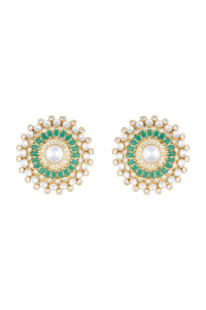 Yellow Rhodium Plated Faux Polki & Emerald Stud Earrings