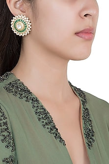 Yellow Rhodium Plated Faux Polki & Emerald Stud Earrings
