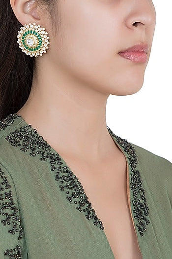Yellow Rhodium Plated Faux Polki & Emerald Stud Earrings