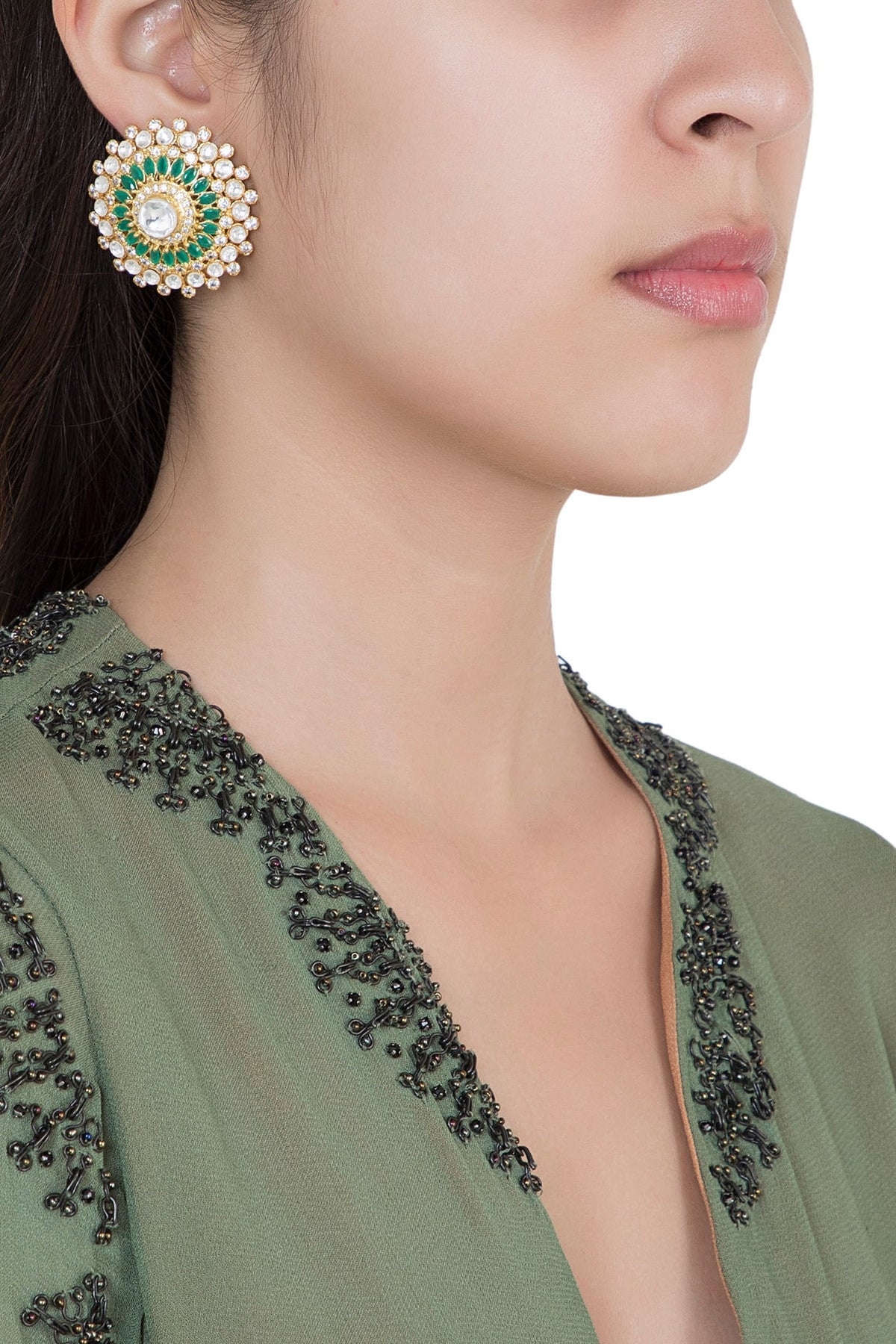 Yellow Rhodium Plated Faux Polki & Emerald Stud Earrings