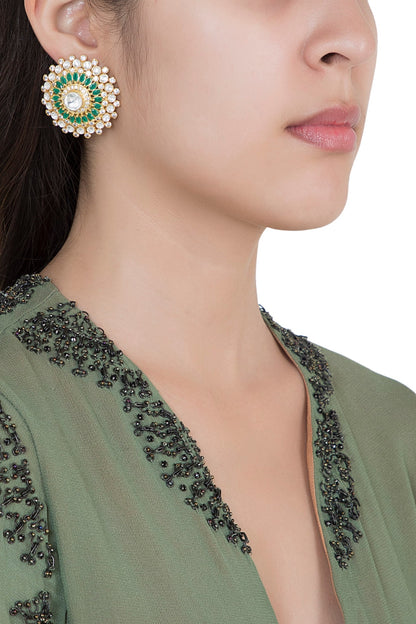 Yellow Rhodium Plated Faux Polki & Emerald Stud Earrings
