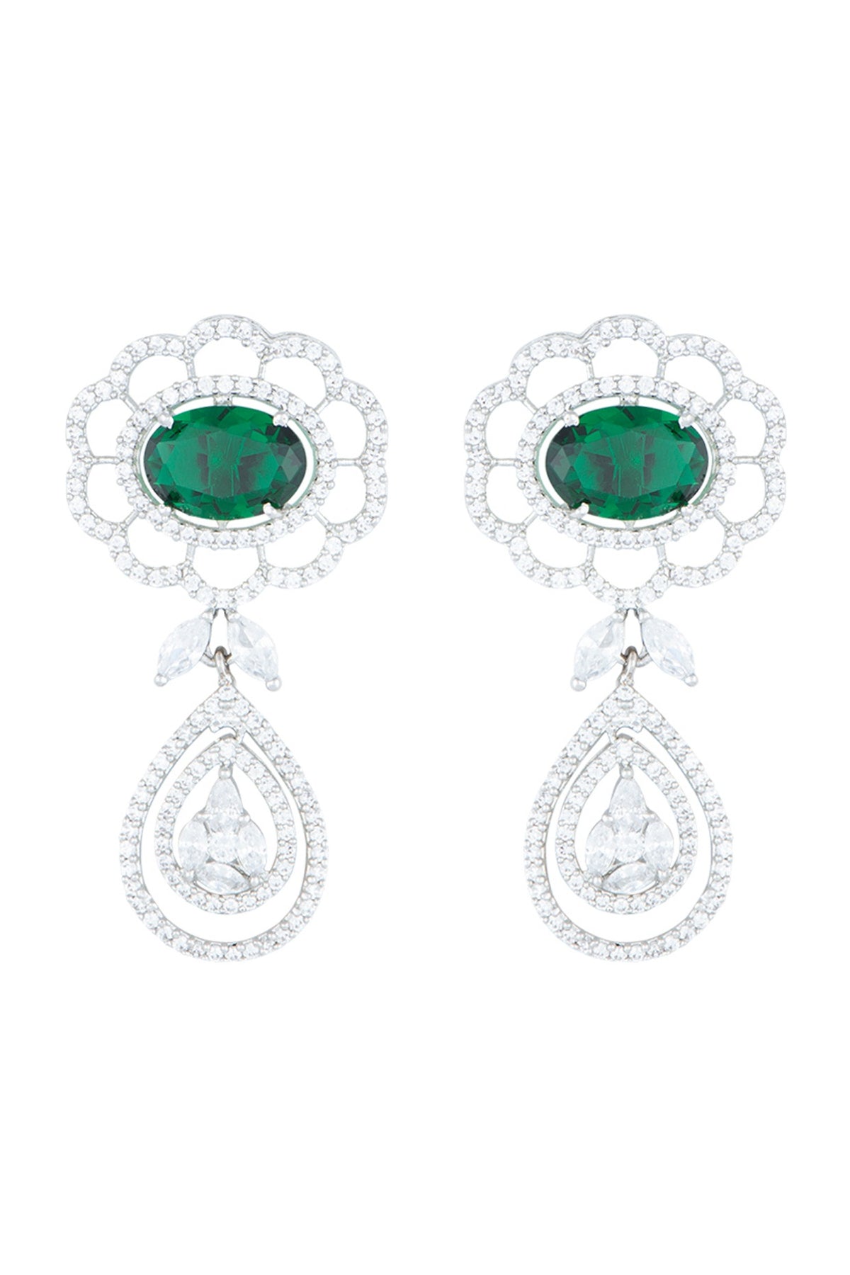White Rhodium Plated Faux Emerald & Diamond Earrings