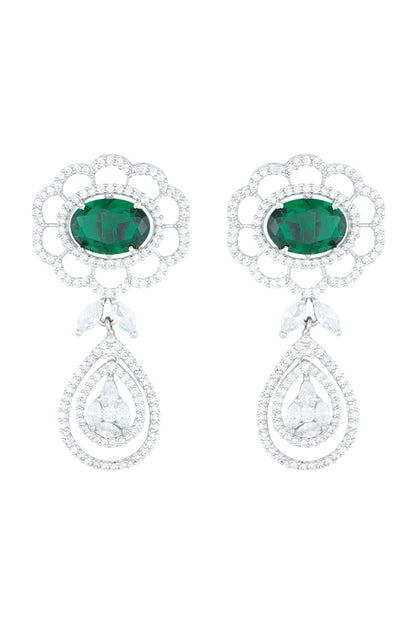 White Rhodium Plated Faux Emerald & Diamond Earrings