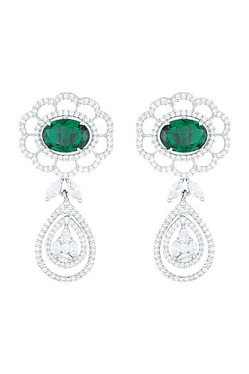 White Rhodium Plated Faux Emerald & Diamond Earrings