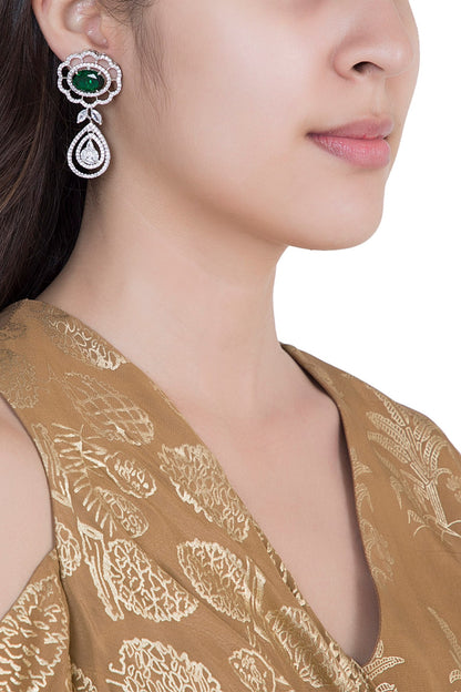 White Rhodium Plated Faux Emerald & Diamond Earrings