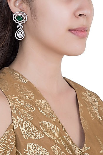 White Rhodium Plated Faux Emerald & Diamond Earrings
