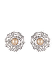 White Finish Diamond & Pearl Stud Earrings